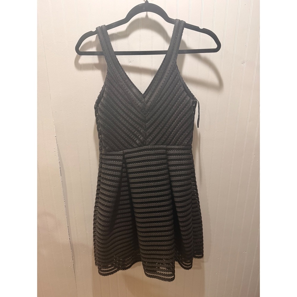 Express Black Textured Mesh Fit and Flare Mini Dress Sleeveless V-Neck Party